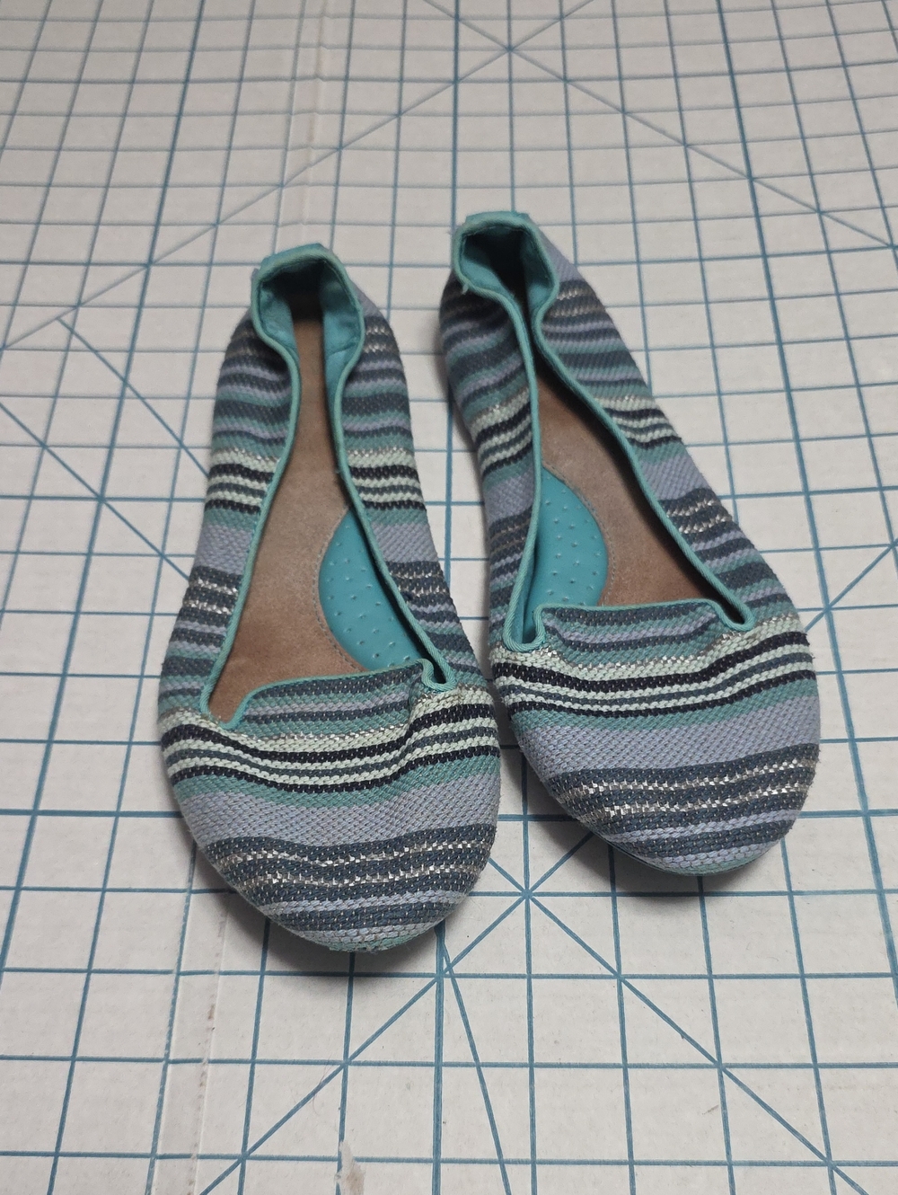 Hush Puppies Blue Aqua Green Woven Striped Slip-On Flats, Sz 9W, Preloved